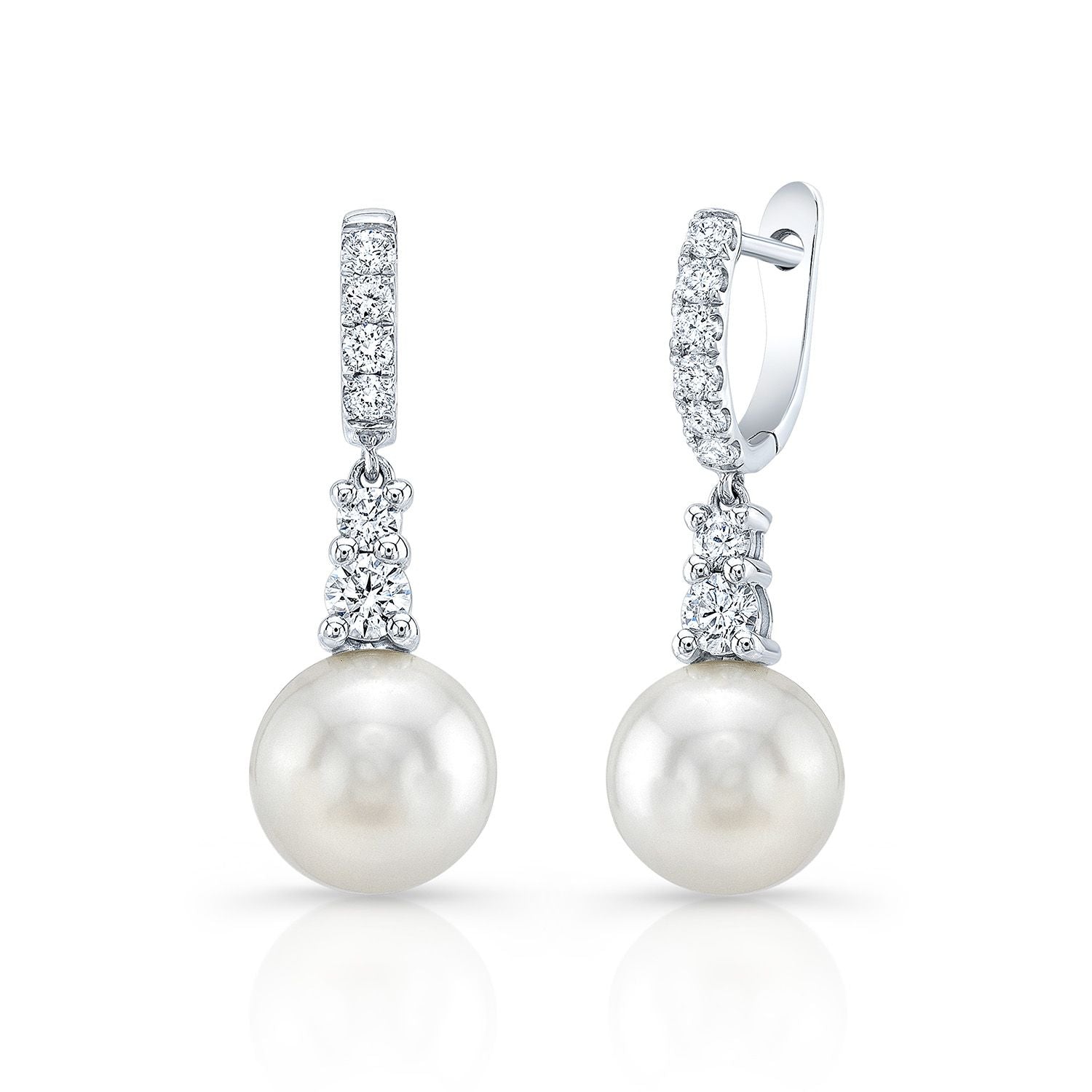 14K White Gold & Yellow Gold Diamond-Accented 8mm-8.5mm AAAA White  Freshwater Cultured Pearl Lever-Back Bridal Dangle Drop Earrings (.085ctw,  GH