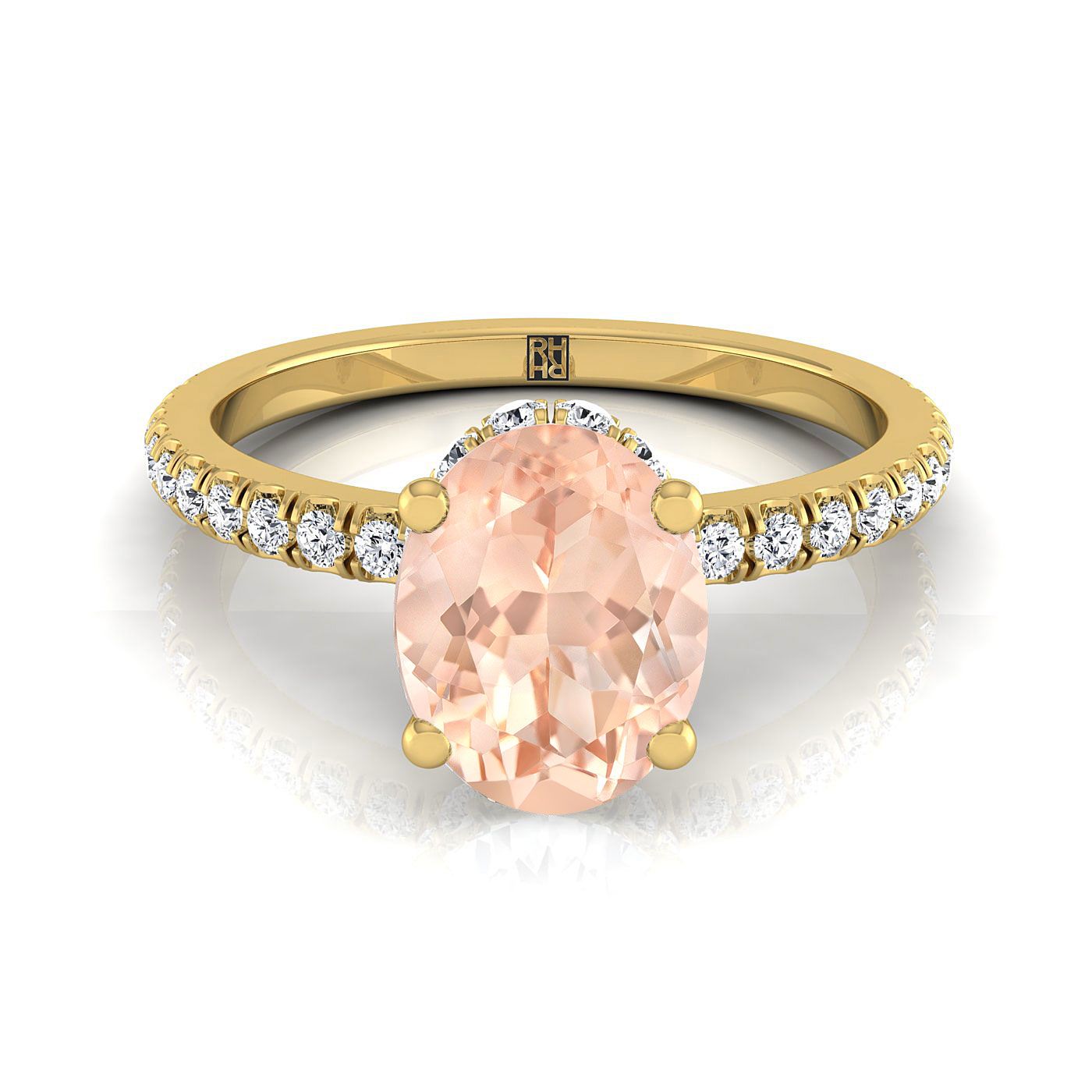 14K Yellow Gold Oval Morganite Secret Diamond Halo French Pave Solitaire  Engagement Ring -1/3ctw