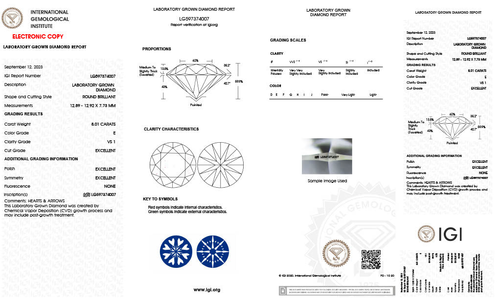 Round 8.01ct E VS1 EX EX EX None - Certified Hearts and Arrows - LG597374007