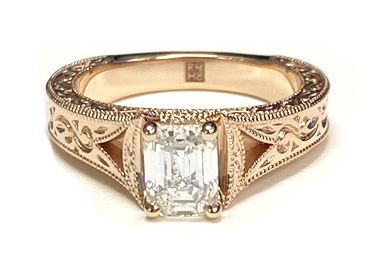 แหวนหมั้นทอง 14K Asscher Cut สลักด้วยมือและแหวนหมั้น Solitaire วินเทจ Milgrain