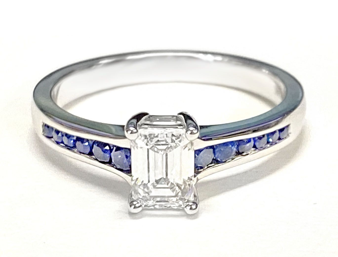 14K Yellow Gold Emerald Cut Contemporary Tapered Blue Sapphire Channel Engagement Ring