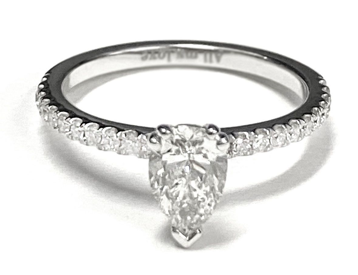 แหวนหมั้นเพชร 14K White Gold Pear Center Simple French Pave Double Claw Prong Diamond