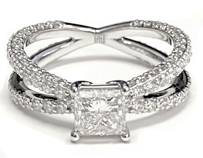 แหวนหมั้นเพชร 14K White Gold Princess Cut Open Diamond Pave Criss Cross -1-1/3ctw