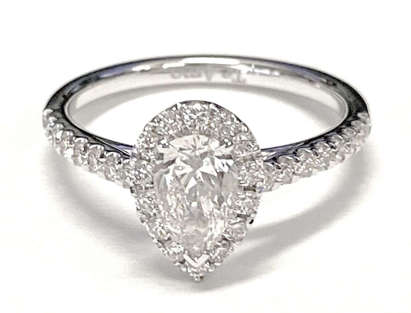 แหวนหมั้นเพชร 18K White Gold Pear Shape Center Petite Halo French Pave -1/5ctw