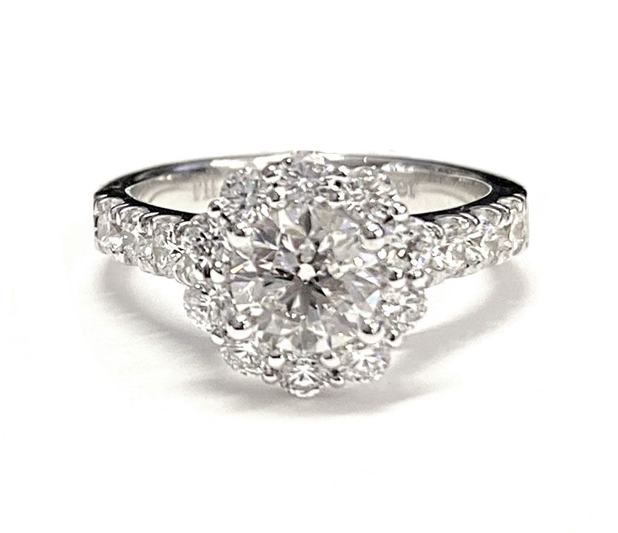 14K White Gold Round Brilliant Diamond Luxe Style French Pave Halo Engagement Ring -1-1/10ctw