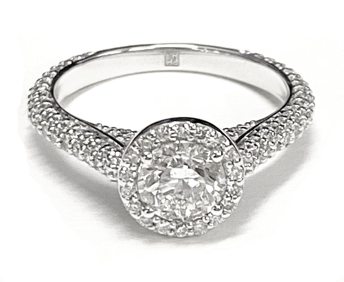 18K White Gold Round Brilliant Micro-Pavé Halo With Pave Side Diamond Engagement Ring -7/8ctw