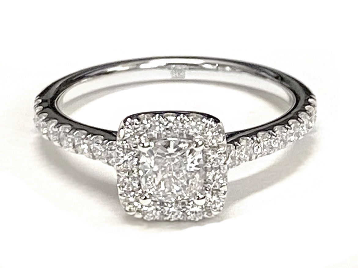 18K Yellow Gold Cushion Diamond Classic Pave Halo Cathedral Style Engagement Ring -1/2ctw