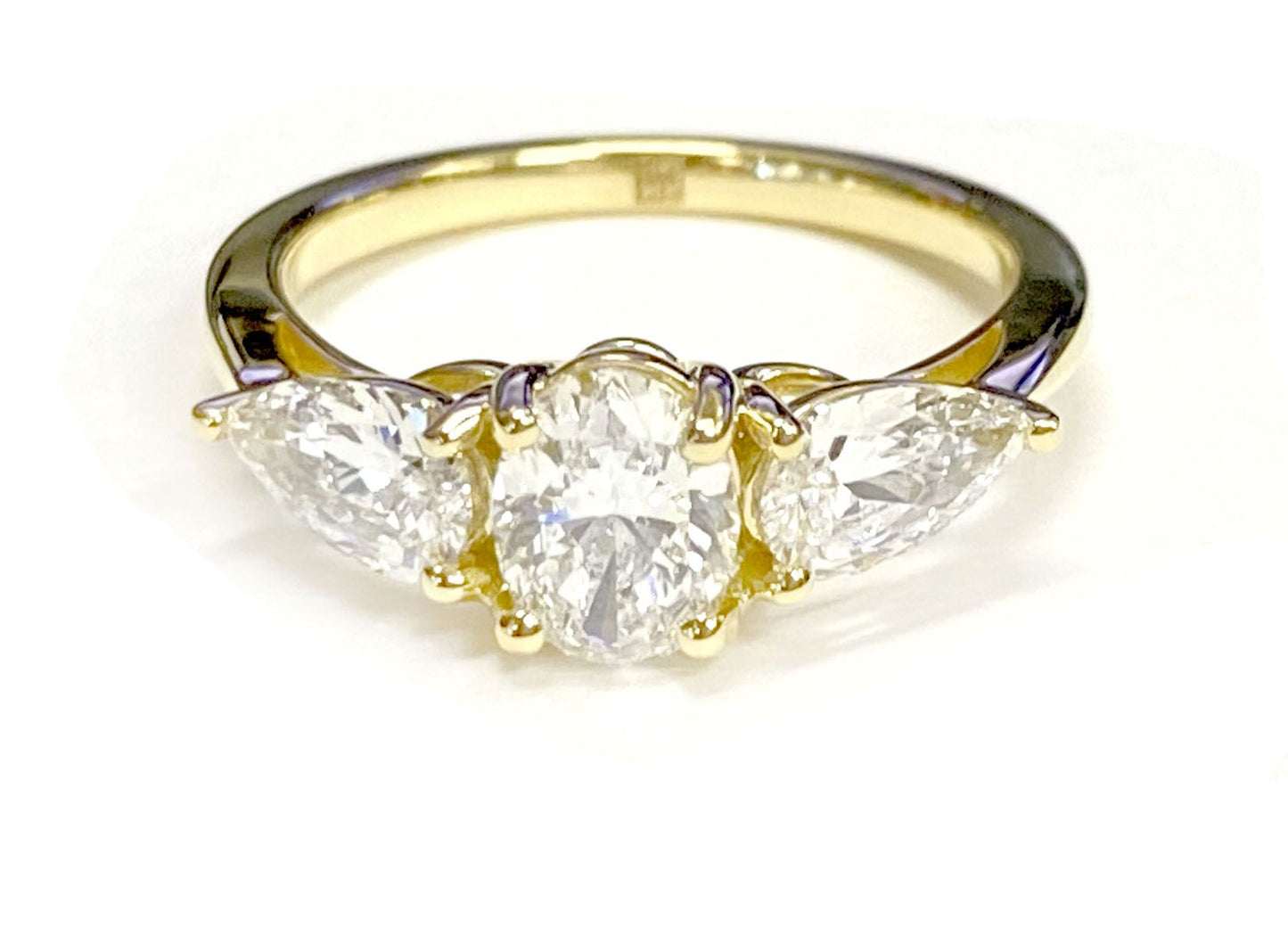 14K Yellow Gold Oval Diamond Perfectly Matched Pear Shaped Three Diamond Engagement Ring -7/8ctw