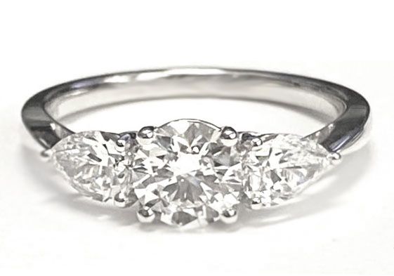 Platinum Round Brilliant Diamond Perfectly Matched Pear Shaped Three Diamond Engagement Ring -7/8ctw