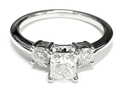 Platinum Princess Cut Diamond Perfectly Matched Round Three Stone Diamond Engagement Ring -1/4ctw