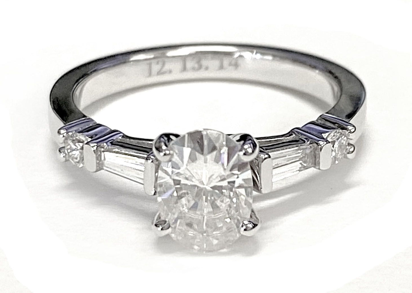 18K White Gold Oval Diamond Simple Baguette and Round Solitaire Engagement Ring -1/4ctw