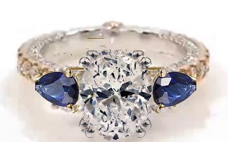 CUSTOM Bichalski 18k White & Yellow Gold Diamond Engagement Ring 1.33 ct. tw with Blue Pear Side Stones & 5.10 ct. Radiant Lab-Created Center