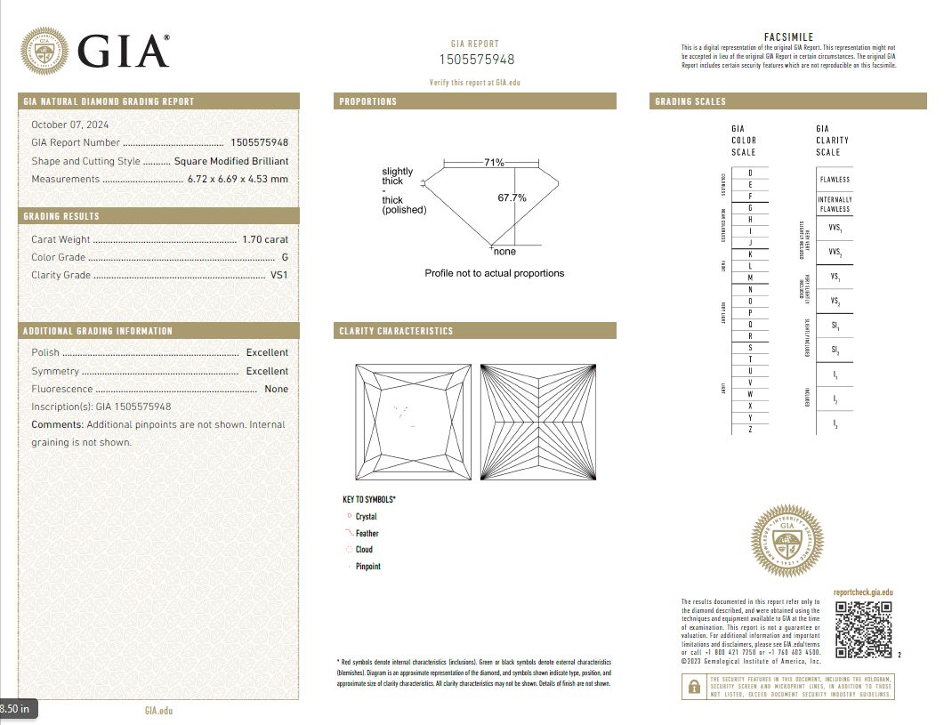 Natural Princess Cut Diamond - 1.70ct G VS1 EX EX None - GIA 1505575948