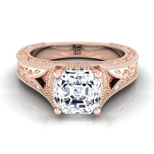 แหวนหมั้นโซลิแทร์วินเทจมิลเกรน 14K Rose Gold Asscher Cut แกะสลักด้วยมือ