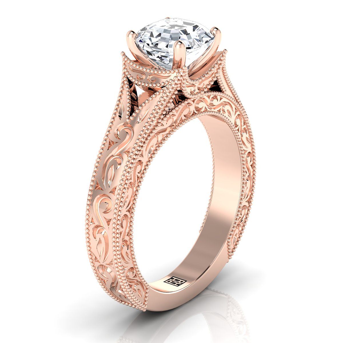 แหวนหมั้นโซลิแทร์วินเทจมิลเกรน 14K Rose Gold Asscher Cut แกะสลักด้วยมือ