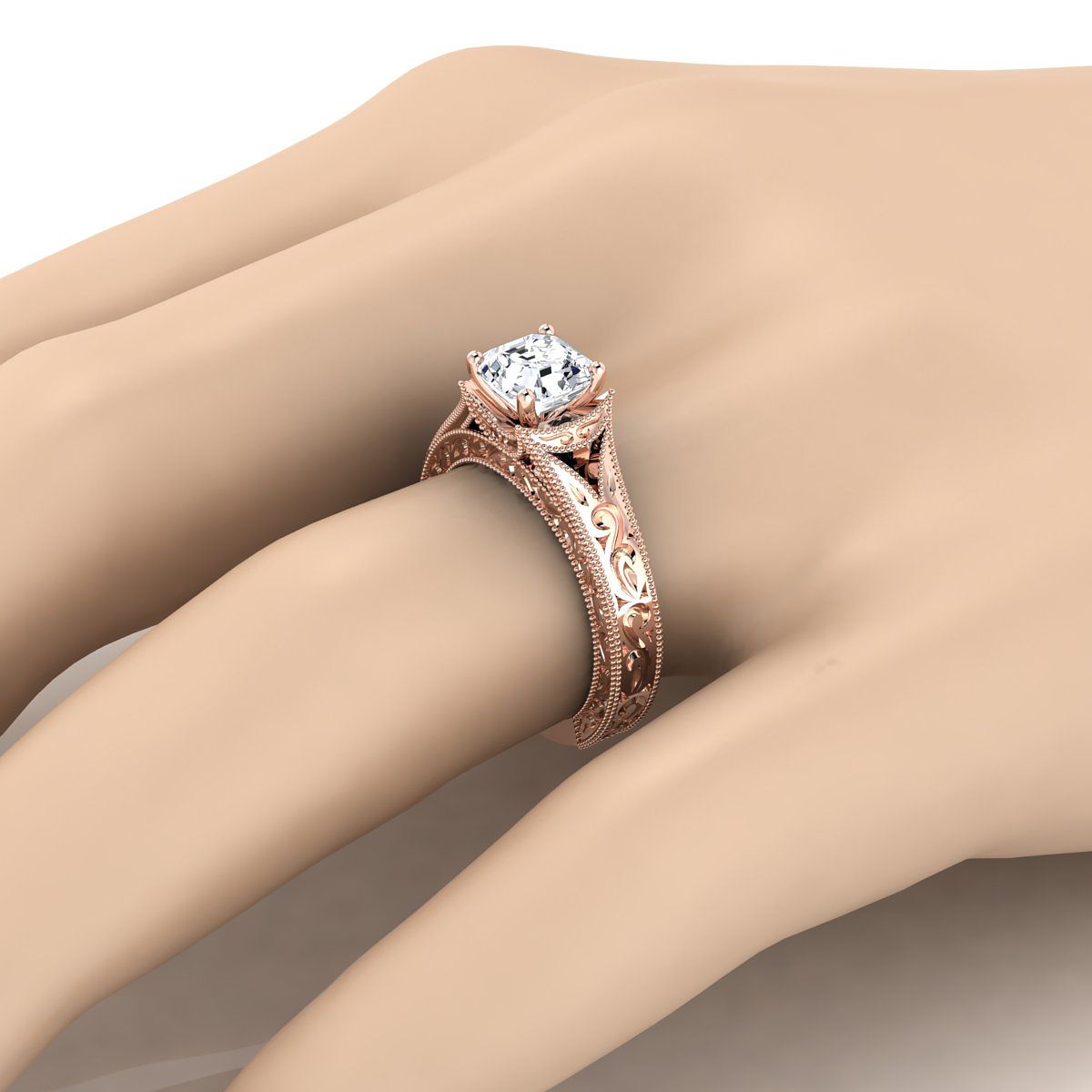 แหวนหมั้นโซลิแทร์วินเทจมิลเกรน 14K Rose Gold Asscher Cut แกะสลักด้วยมือ