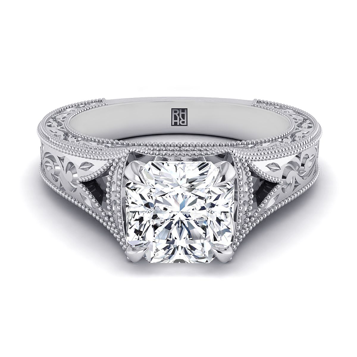 แหวนหมั้นแพลตตินัม Asscher Cut สลักด้วยมือและแหวนหมั้น Solitaire วินเทจ Milgrain