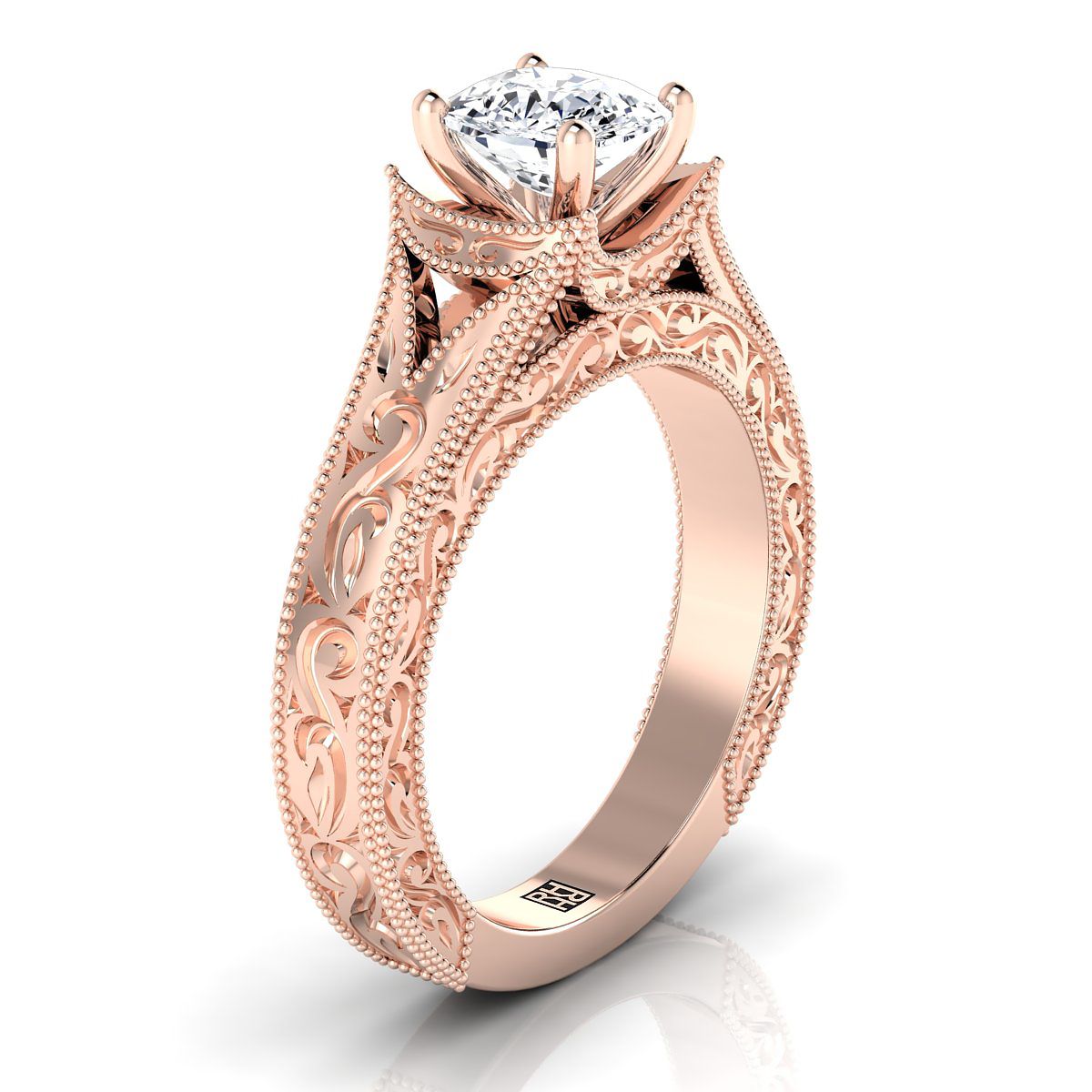 แหวนหมั้นเพชร 14K Rose Gold สลักด้วยมือและแหวนหมั้น Solitaire วินเทจ Milgrain