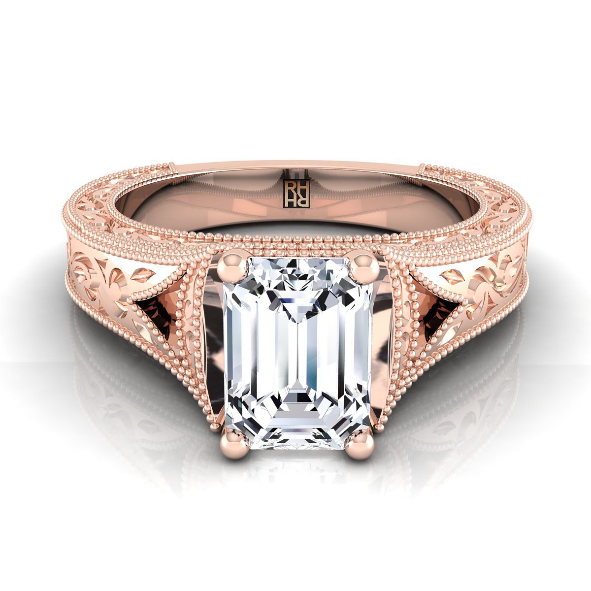 14K Rose Gold Emerald Cut สลักด้วยมือและแหวนหมั้น Solitaire วินเทจ Milgrain