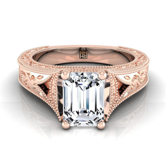 14K Rose Gold Emerald Cut สลักด้วยมือและแหวนหมั้น Solitaire วินเทจ Milgrain