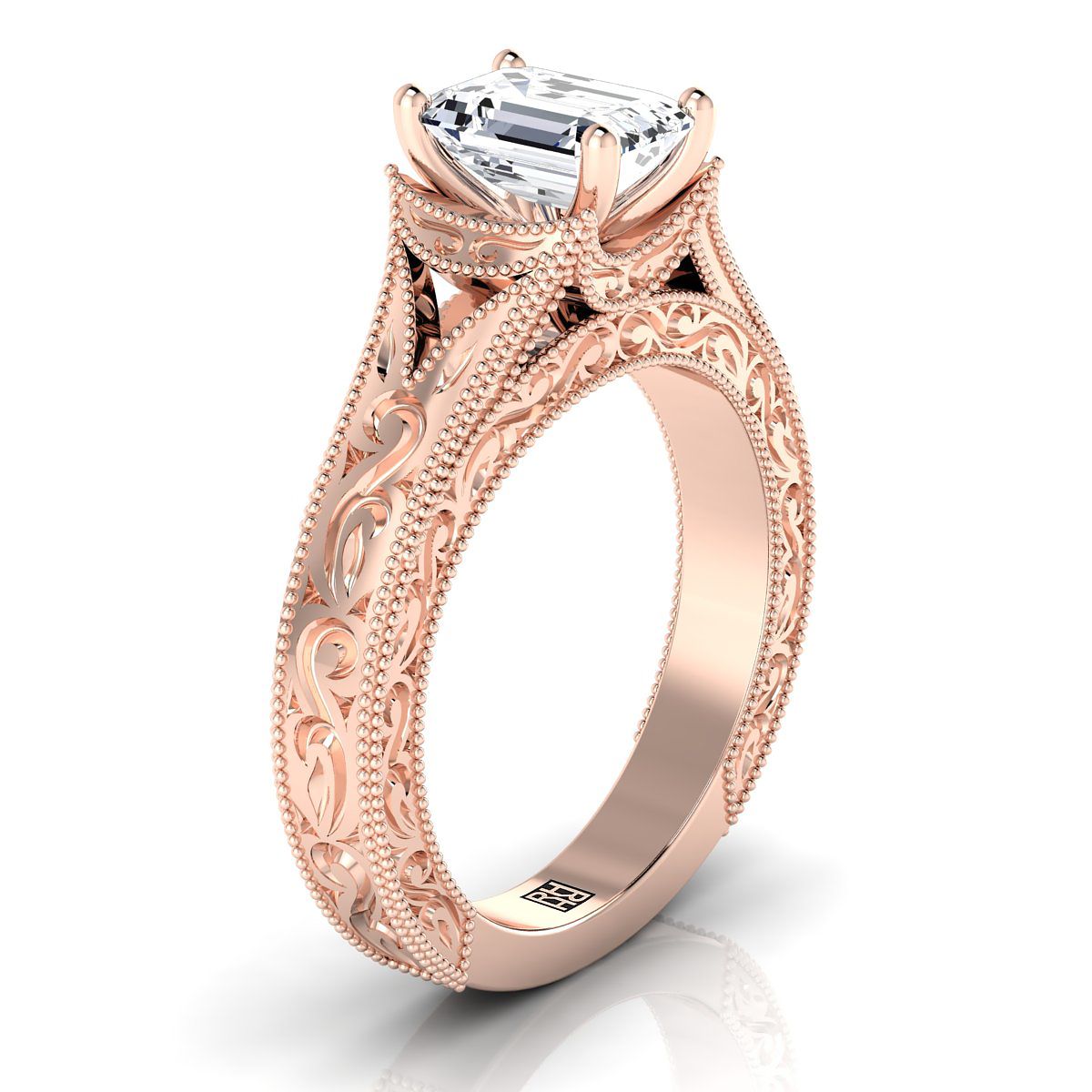 14K Rose Gold Emerald Cut สลักด้วยมือและแหวนหมั้น Solitaire วินเทจ Milgrain