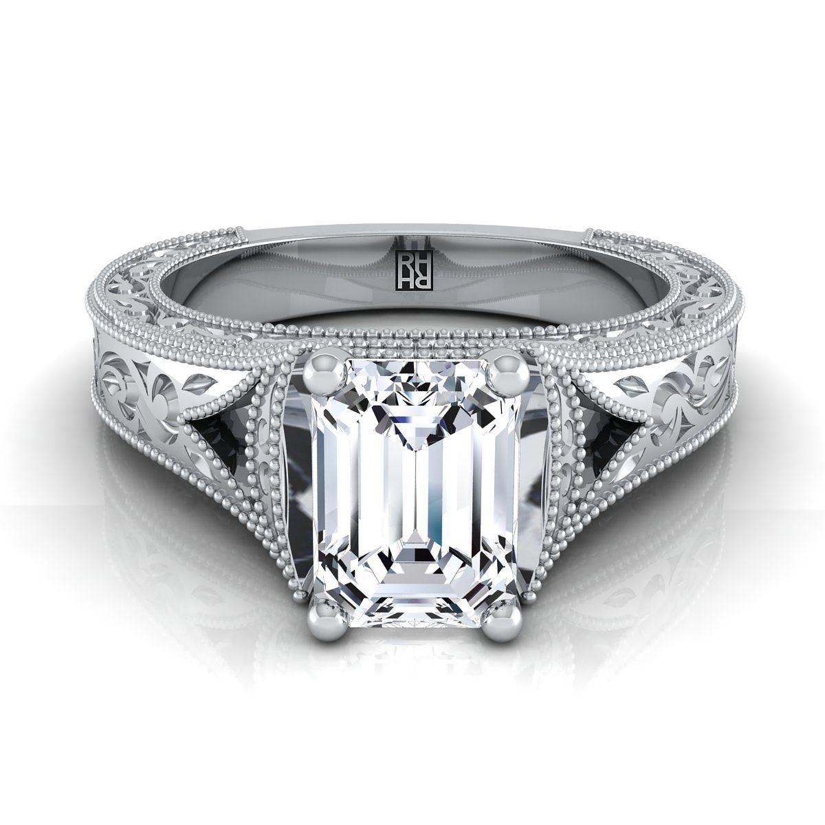 แหวนหมั้นเพชร 14K White Gold Emerald Cut สลักด้วยมือและแหวนหมั้น Solitaire วินเทจ Milgrain