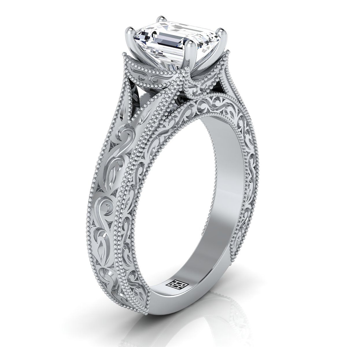 แหวนหมั้นเพชร 14K White Gold Emerald Cut สลักด้วยมือและแหวนหมั้น Solitaire วินเทจ Milgrain