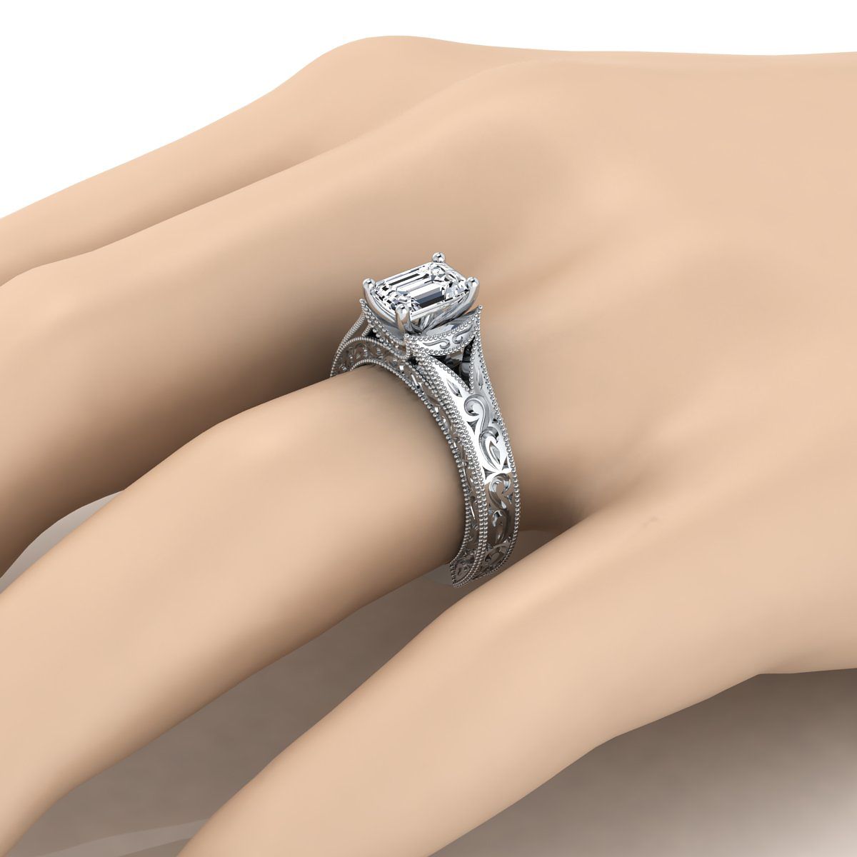 18K White Gold Emerald Cut Hand Engraved and Milgrain Vintage Solitair RockHer