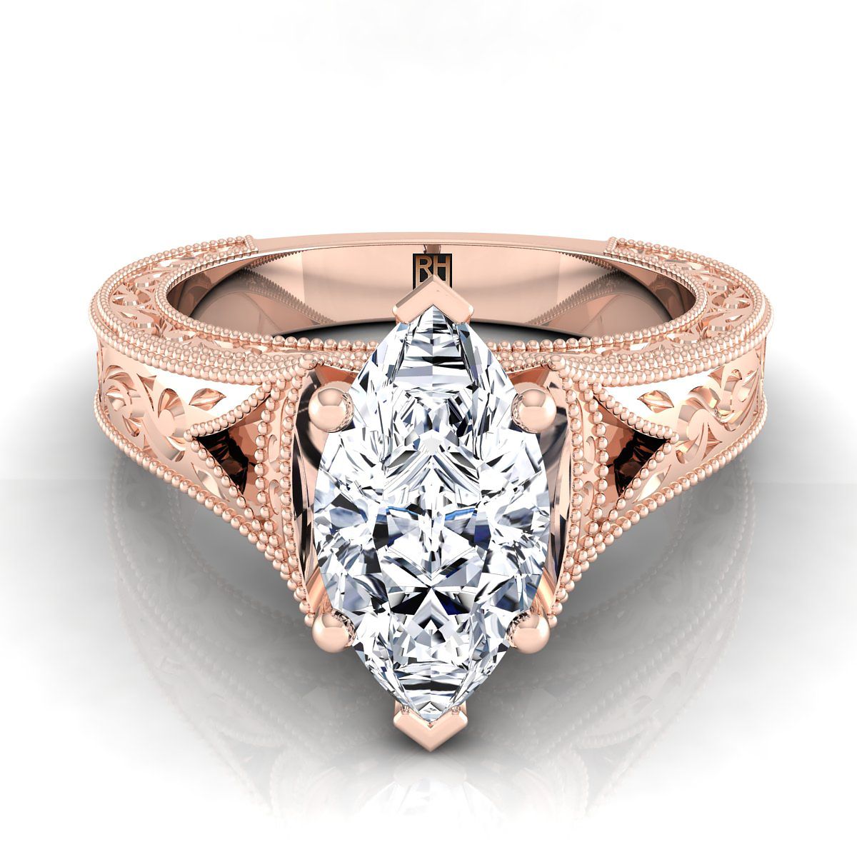 แหวนหมั้นเพชร Marquise 14K Rose Gold และแหวนหมั้น Solitaire วินเทจ Milgrain