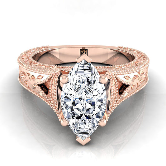 14K Rose Gold Marquise   Hand Engraved and Milgrain Vintage Solitaire Engagement Ring