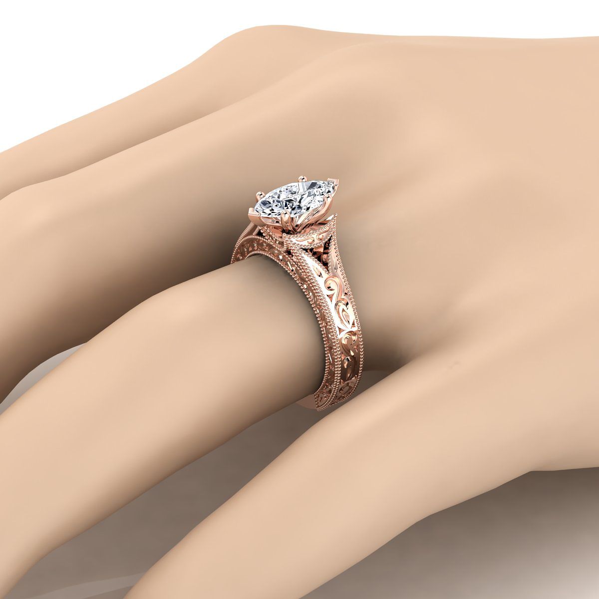 แหวนหมั้นเพชร Marquise 14K Rose Gold และแหวนหมั้น Solitaire วินเทจ Milgrain