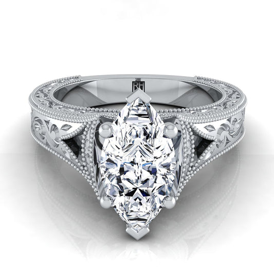 แหวนหมั้นเพชรแต่งงานทองคำขาว 18K สลักด้วยมือและแหวนหมั้น Solitaire วินเทจ Milgrain