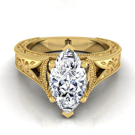 แหวนหมั้น Marquise ทองคำ 14K สลักด้วยมือและแหวนหมั้น Solitaire วินเทจ Milgrain