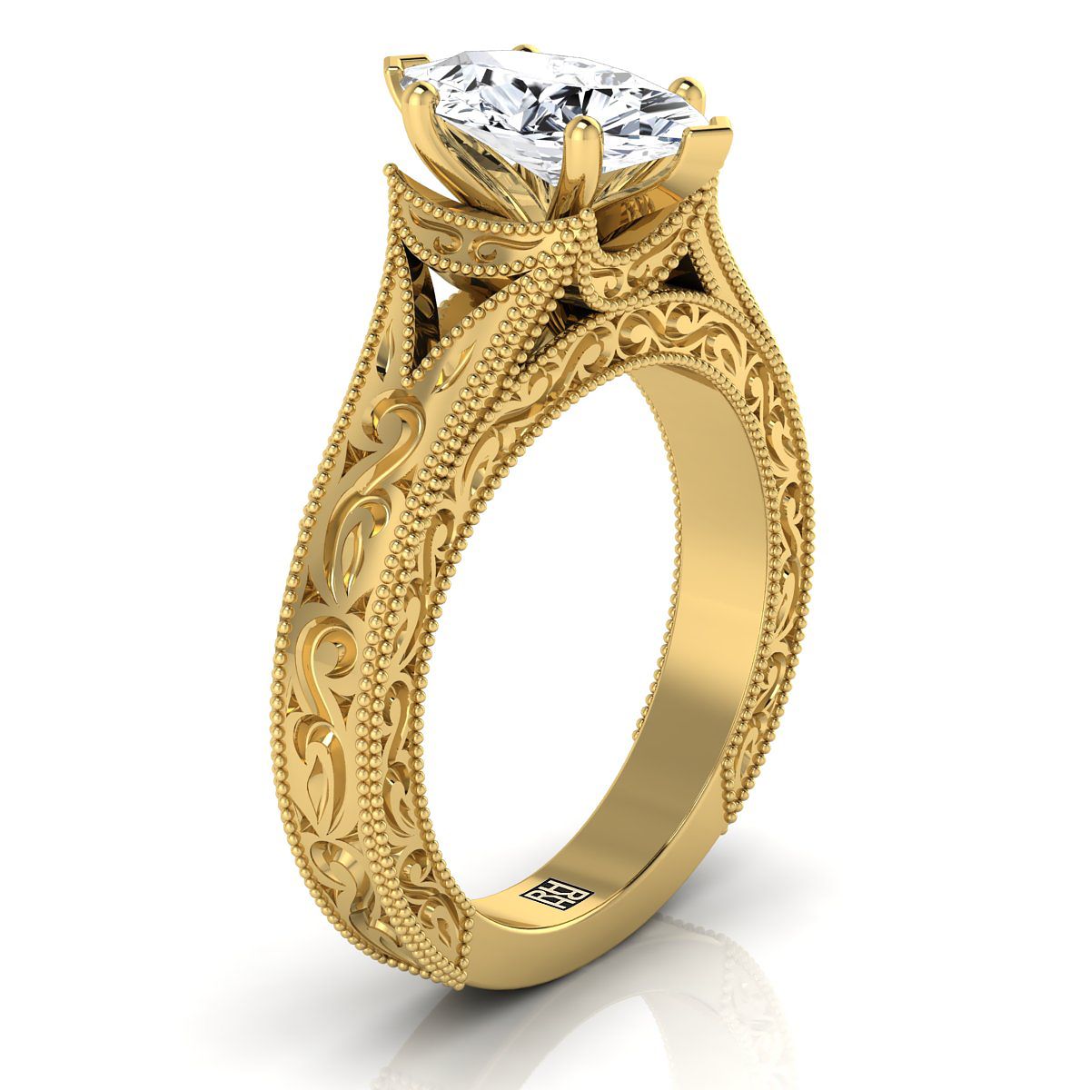 แหวนหมั้น Marquise ทองคำ 14K สลักด้วยมือและแหวนหมั้น Solitaire วินเทจ Milgrain