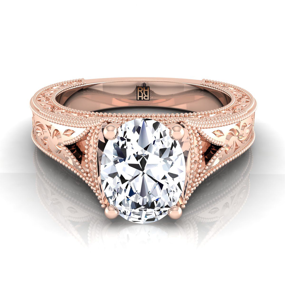 แหวนหมั้นทรงรี 14K Rose Gold สลักด้วยมือและแหวนหมั้น Solitaire วินเทจ Milgrain