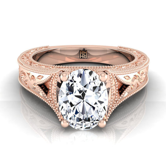 แหวนหมั้นทรงรี 14K Rose Gold สลักด้วยมือและแหวนหมั้น Solitaire วินเทจ Milgrain