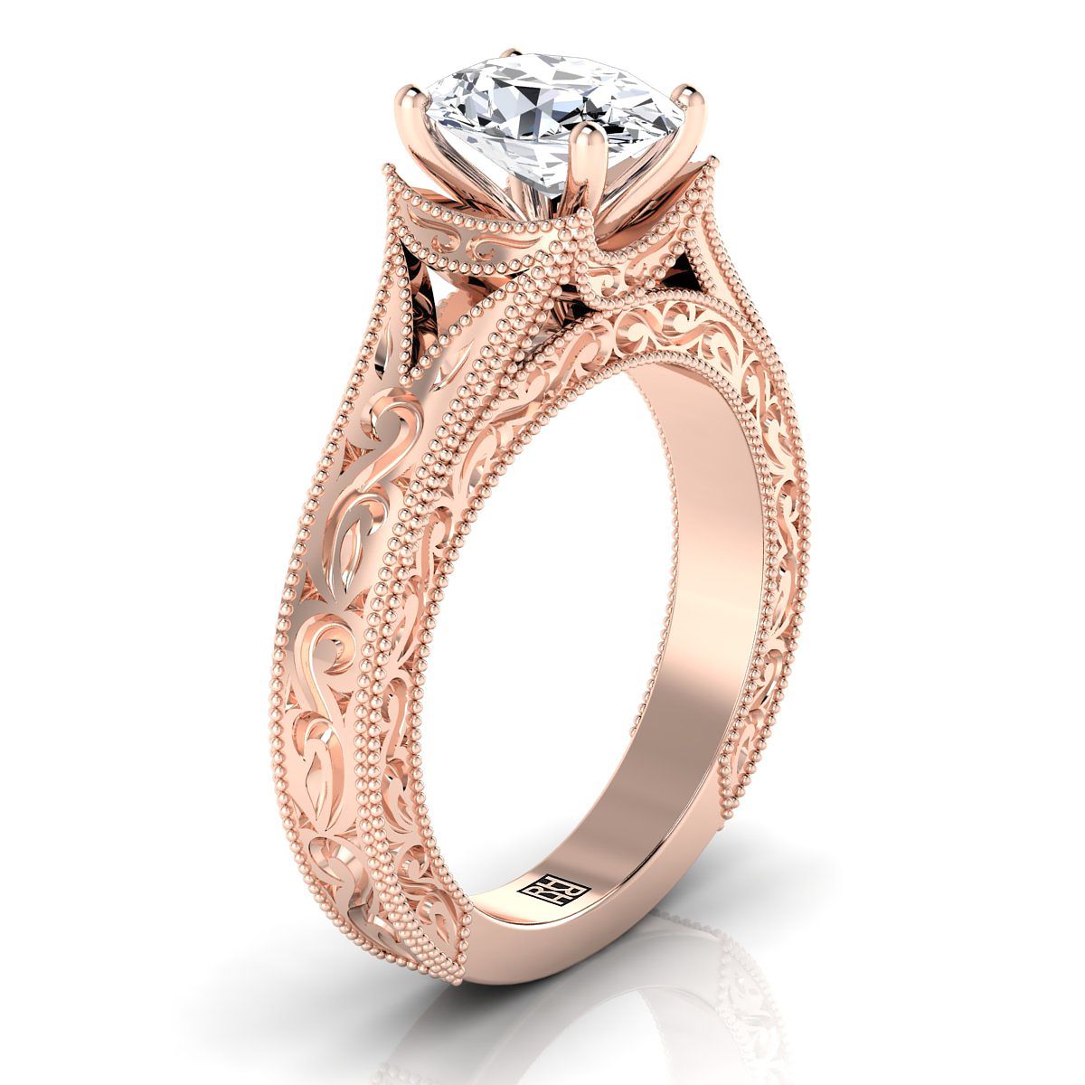 แหวนหมั้นทรงรี 14K Rose Gold สลักด้วยมือและแหวนหมั้น Solitaire วินเทจ Milgrain