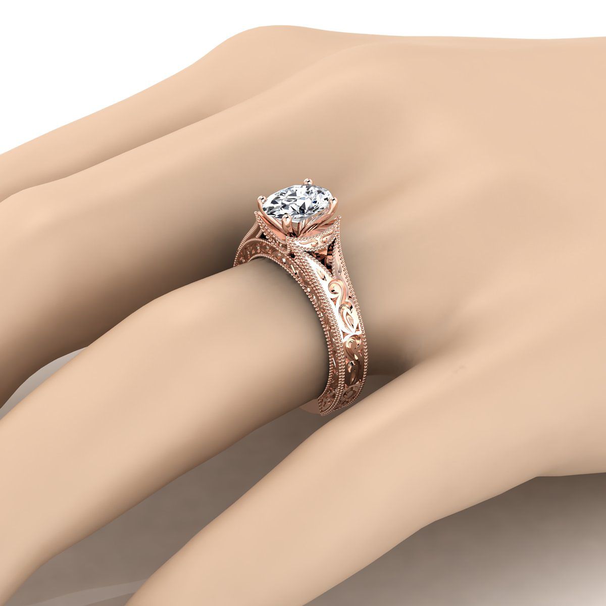 แหวนหมั้นทรงรี 14K Rose Gold สลักด้วยมือและแหวนหมั้น Solitaire วินเทจ Milgrain