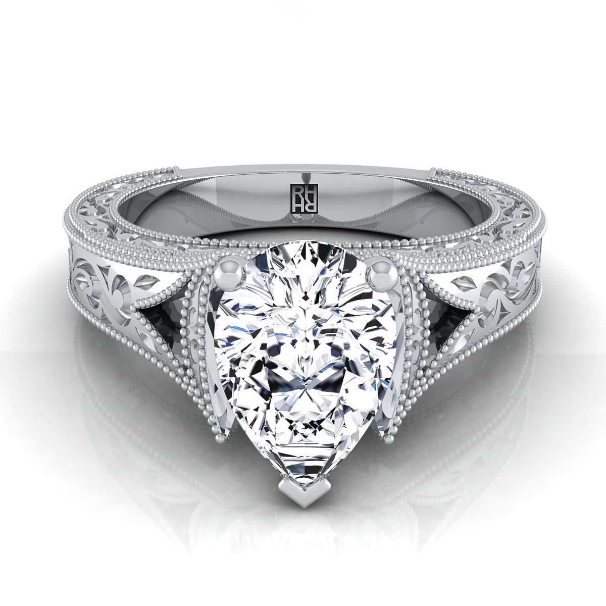 แหวนหมั้นเพชร 14K White Gold Pear Shape Center สลักด้วยมือและแหวนหมั้น Solitaire วินเทจ Milgrain