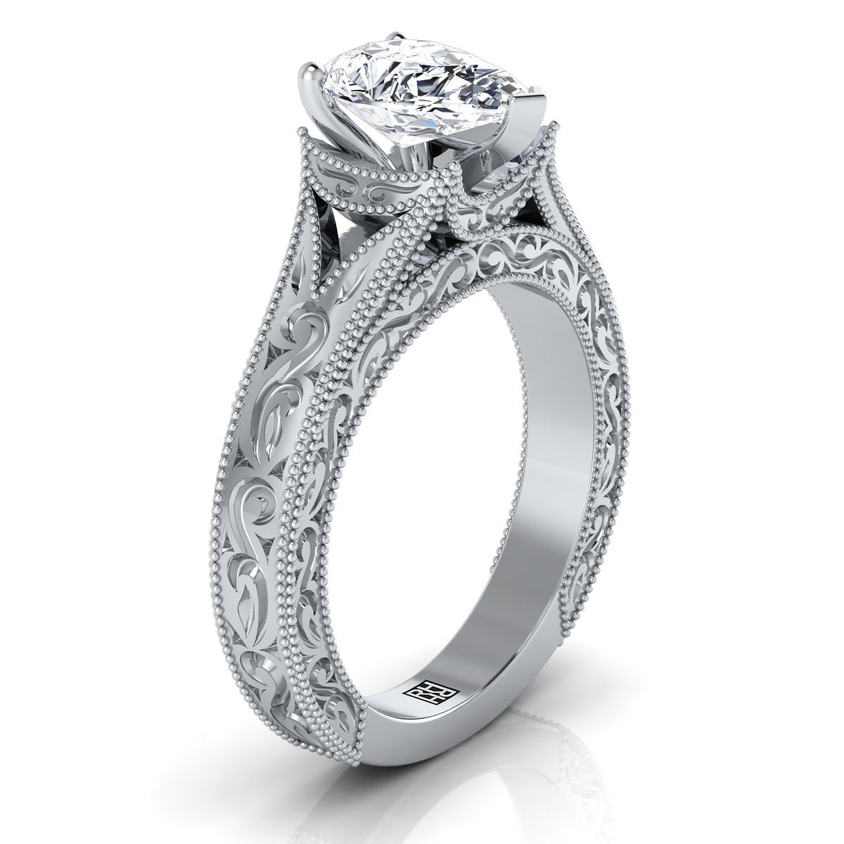 แหวนหมั้นเพชร 14K White Gold Pear Shape Center สลักด้วยมือและแหวนหมั้น Solitaire วินเทจ Milgrain