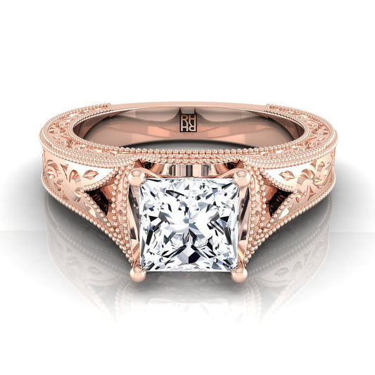 14K Rose Gold Princess Cut  Hand Engraved and Milgrain Vintage Solitaire Engagement Ring