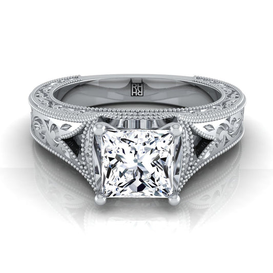 14K White Gold Princess Cut  Hand Engraved and Milgrain Vintage Solitaire Engagement Ring