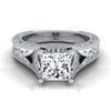 18K White Gold Princess Cut  Hand Engraved and Milgrain Vintage Solitaire Engagement Ring