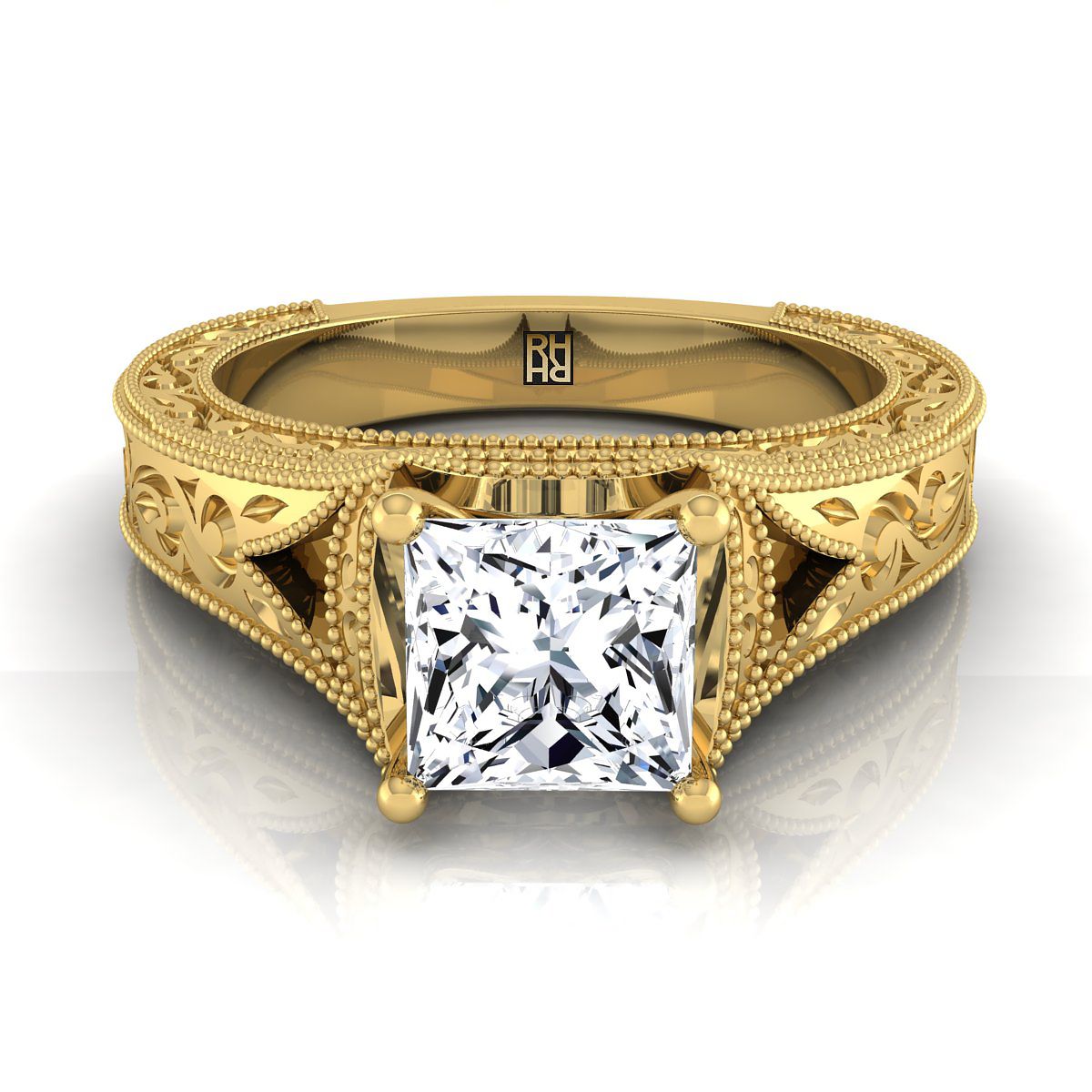 18K Yellow Gold Princess Cut  Hand Engraved and Milgrain Vintage Solitaire Engagement Ring