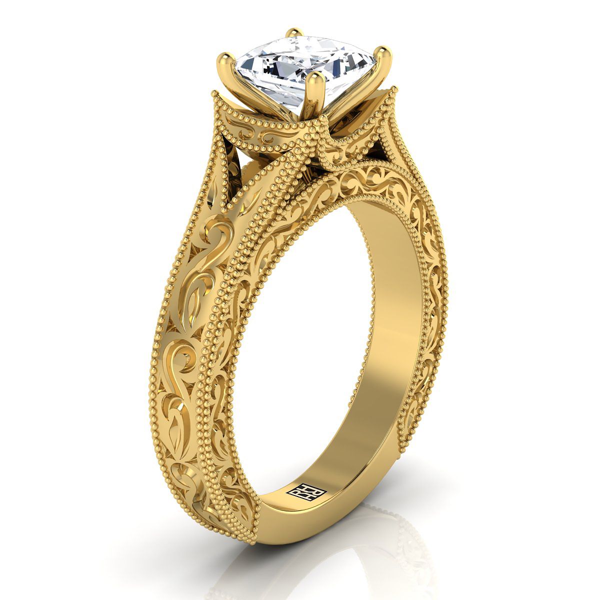 18K Yellow Gold Princess Cut  Hand Engraved and Milgrain Vintage Solitaire Engagement Ring