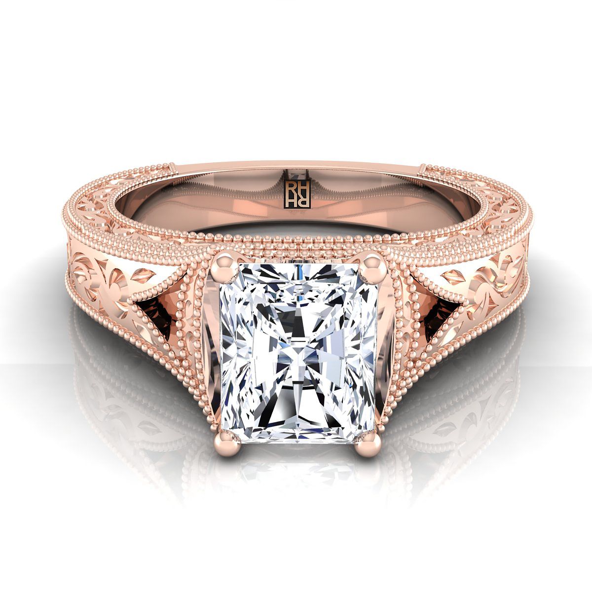 แหวนหมั้นเพชร 14K Rose Gold Radiant Cut สลักด้วยมือและแหวนหมั้น Solitaire วินเทจ Milgrain