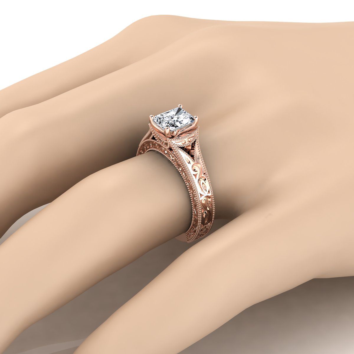 แหวนหมั้นเพชร 14K Rose Gold Radiant Cut สลักด้วยมือและแหวนหมั้น Solitaire วินเทจ Milgrain
