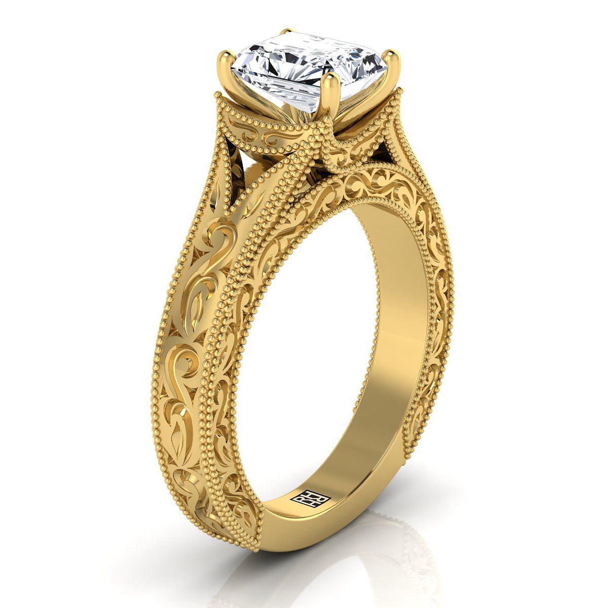 แหวนหมั้นเพชร 18K Yellow Gold Radiant Cut สลักด้วยมือและแหวนหมั้น Solitaire วินเทจ Milgrain