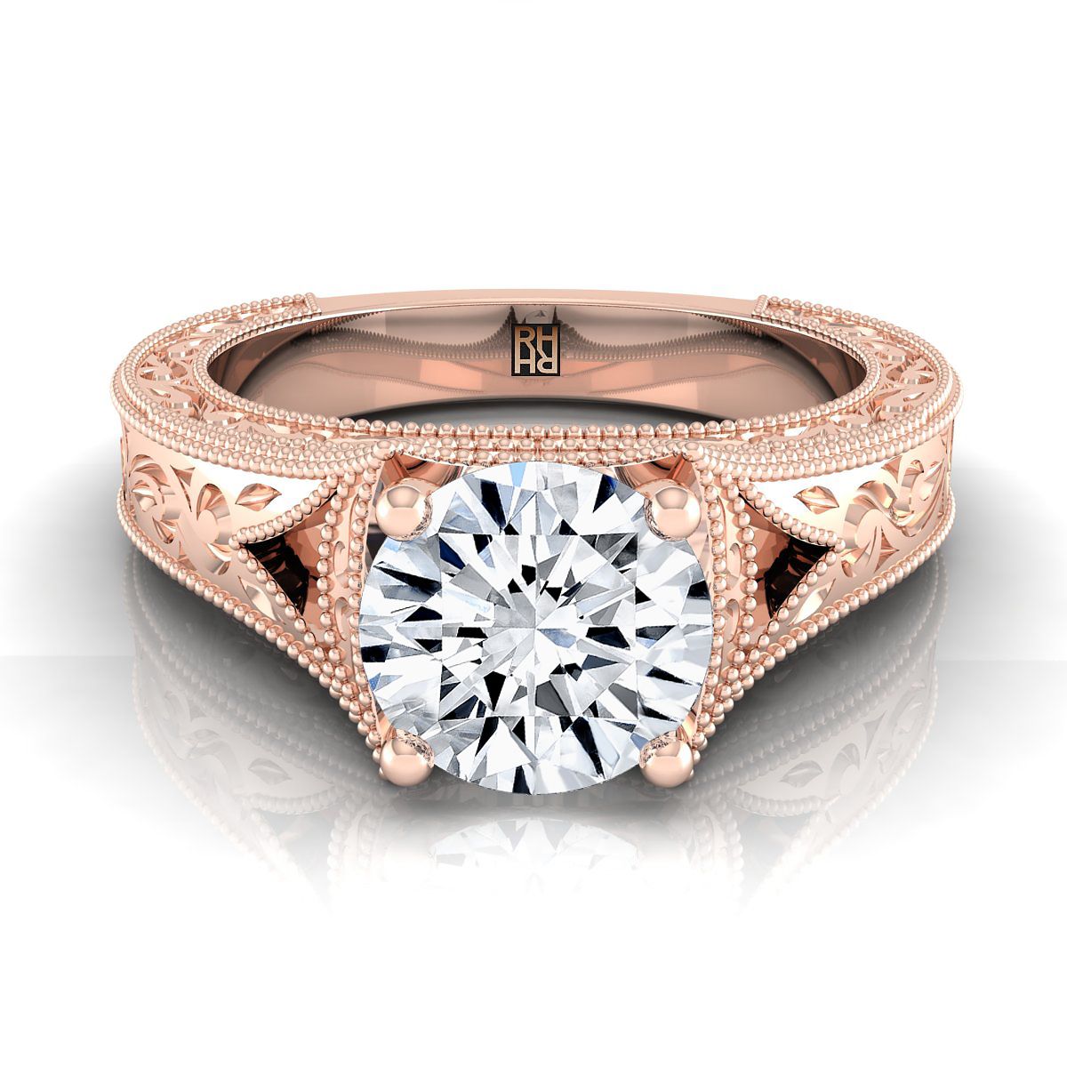 14K Rose Gold Round Brilliant Hand แกะสลักและแหวนหมั้น Solitaire วินเทจ Milgrain