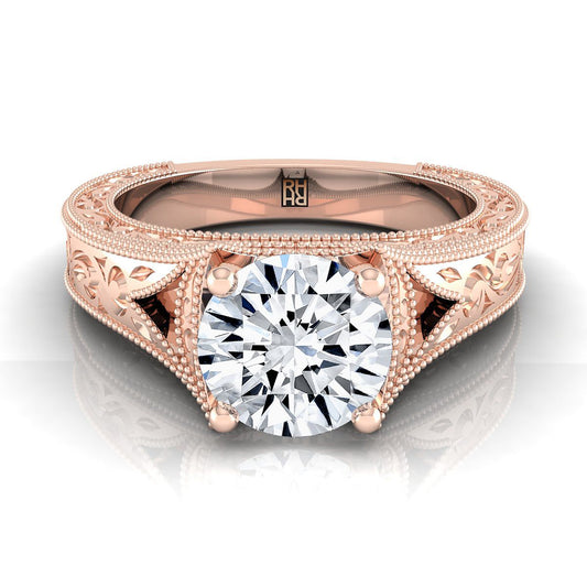 14K Rose Gold Round Brilliant Hand แกะสลักและแหวนหมั้น Solitaire วินเทจ Milgrain